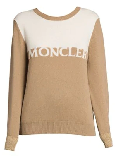 Shop Moncler Intarsia Logo Crewneck Sweater In Beige White