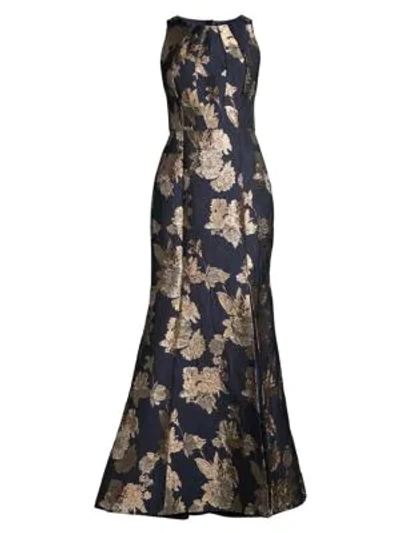 Shop Aidan Mattox Floral Jacquard Side Slit Mermaid Gown In Navy Multi