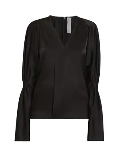 Shop Victoria Beckham Satin Pleat-sleeve V-neck Blouse In Black