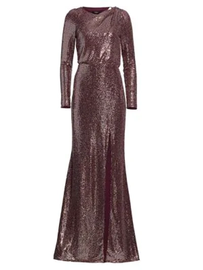 Shop Badgley Mischka Asymmetrical Back Cut-out Sequin Gown In Plum