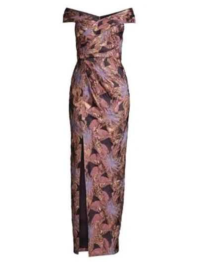 Shop Aidan Mattox Floral Jacquard Off-the-shoulder Ruched Column Gown In Mink Rose