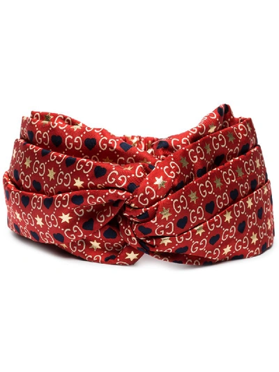 Shop Gucci Gg Heart And Star Print Headband In Red ,gold