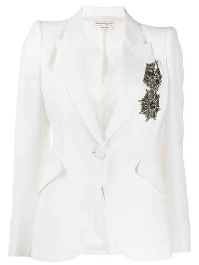 Shop Alexander Mcqueen Crystal-embellished Single-breasted Blazer In White