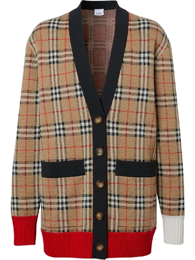 Shop Burberry Check Wool Blend Cardigan In Neutrals