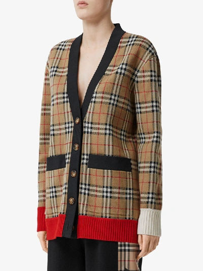 Shop Burberry Check Wool Blend Cardigan In Neutrals