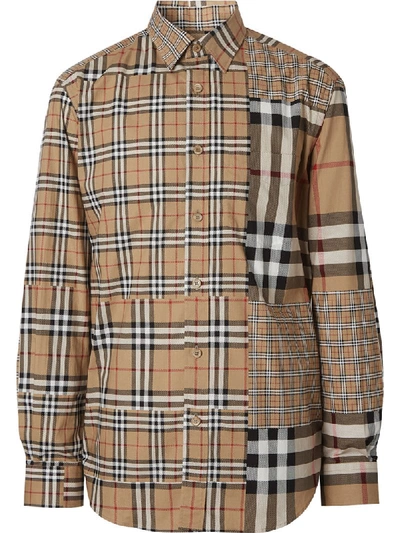 Shop Burberry Check Patchwork Buttoned Shirt In Neutrals