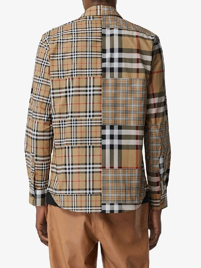 Shop Burberry Check Patchwork Buttoned Shirt In Neutrals