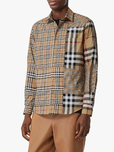 Shop Burberry Check Patchwork Buttoned Shirt In Neutrals
