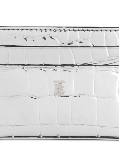 Shop Burberry Croc-embossed Metallic Card Case In Silver