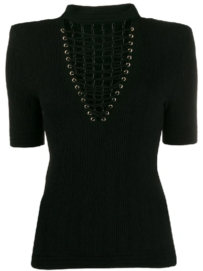 Shop Balmain Rib-knit Lace-up Top In Black