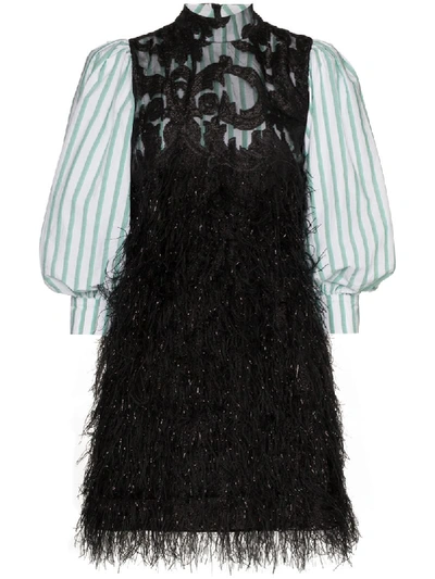 Shop Ganni Layered-style Feathered Mini Dress In Black