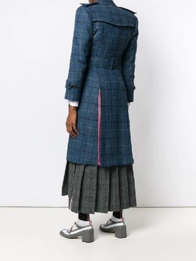 Shop Thom Browne Windowpane Harris Tweed Trench Coat In Blue