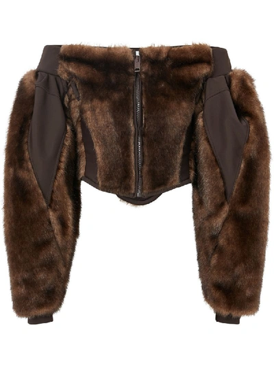 Shop Burberry Off-the-shoulder Faux Fur And Jersey Corset Top In Brown