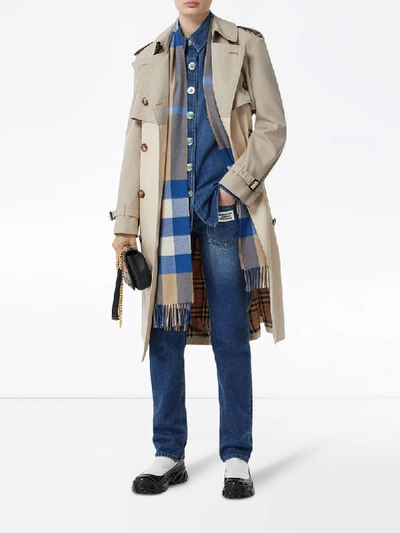 Shop Burberry Check Scarf In Blue