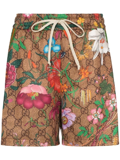 Shop Gucci Gg Flora Print Drawstring Shorts In Brown
