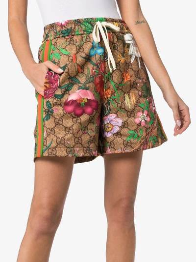 Shop Gucci Gg Flora Print Drawstring Shorts In Brown