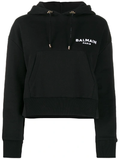 Shop Balmain Logo Cropped Hoodie In Black