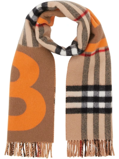 Shop Burberry Check And B Motif Scarf In Neutrals