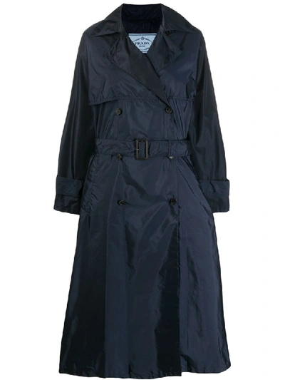 Shop Prada Flared Mid-length Trench Coat In Blue