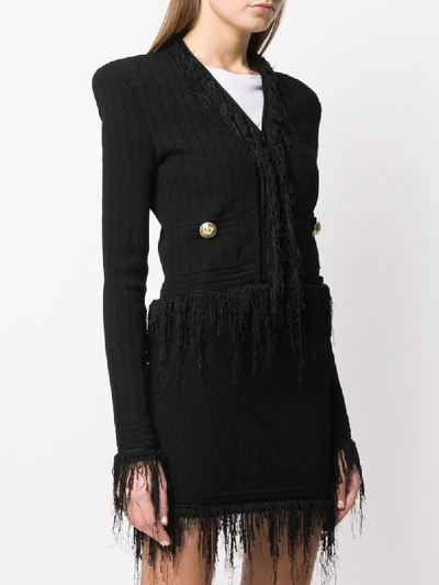 Shop Balmain Fringed Cropped Knitted Jacket In Black