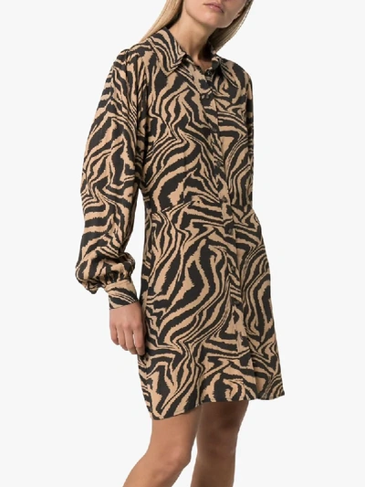 Shop Ganni Zebra-print Mini Shirt Dress In Brown ,black