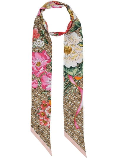 Shop Burberry Floral And Monogram Print Skinny Scarf In Neutrals