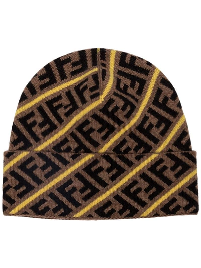 Shop Fendi Ff Pattern Knit Beanie In Brown
