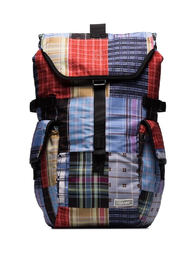 Shop Ganni Check Patchwork Backpack In Blue