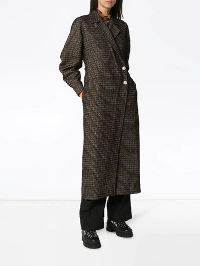Shop Ganni Crystal-flower Checked Coat In Brown