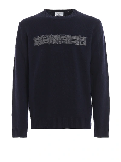 Shop Dondup Jacquard Logo Merino Wool Sweater In Dark Blue