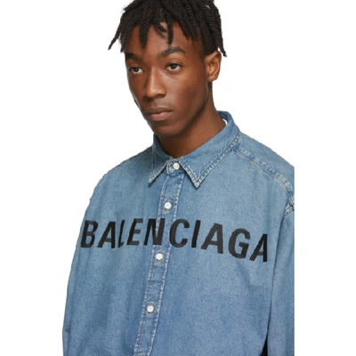Shop Balenciaga Indigo Denim Logo Shirt In 4065 Ltvnt