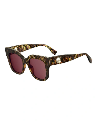 Shop Fendi Square Acetate Sunglasses W/ Inset Logo Temples In Brown