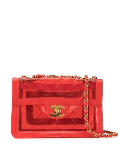 Pre-owned Chanel 1995 Quilted Double Chain Shoulder Bag In Red