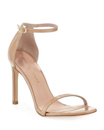 Shop Stuart Weitzman Nudistsong Patent Ankle-wrap High-heel Sandals In Black