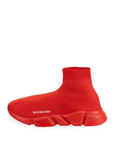 Balenciaga Men's Logo Speed Sneakers with Tonal Rubber Sole - Red