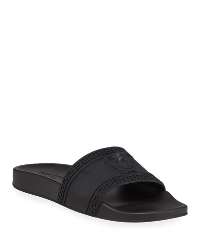Shop Versace Men's Medusa & Greek Key Shower Slide Sandals In Black