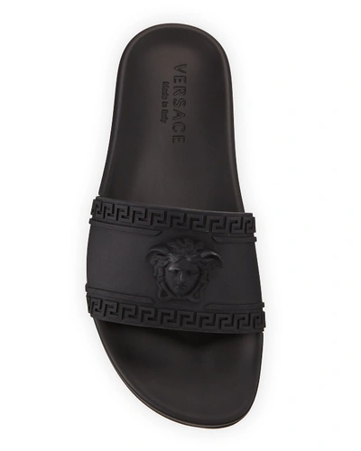Shop Versace Men's Medusa & Greek Key Shower Slide Sandals In Black