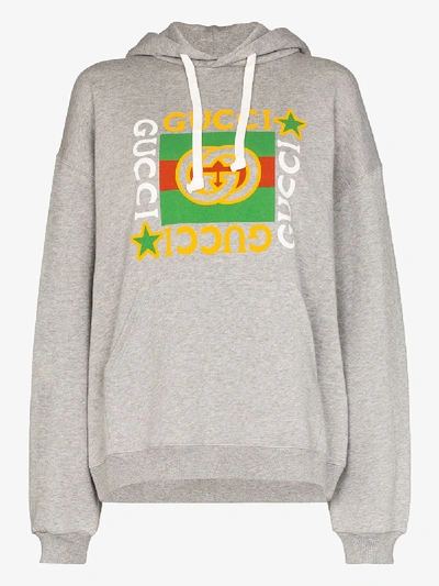 Shop Gucci Grey Logo Print Cotton Hoodie