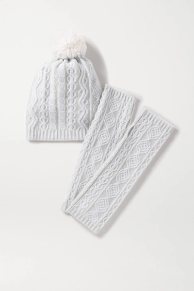 Shop Johnstons Of Elgin Cathedral Cable-knit Cashmere Beanie And Wrist Warmers Set In Light Gray