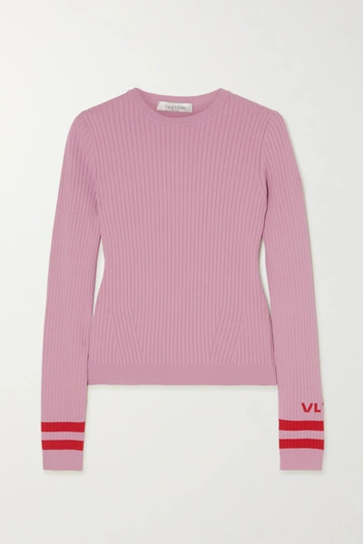 Shop Valentino Intarsia Ribbed-knit Sweater In Pink