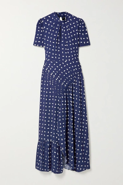 Shop Self-portrait Ruched Printed Crepe Midi Dress In Navy