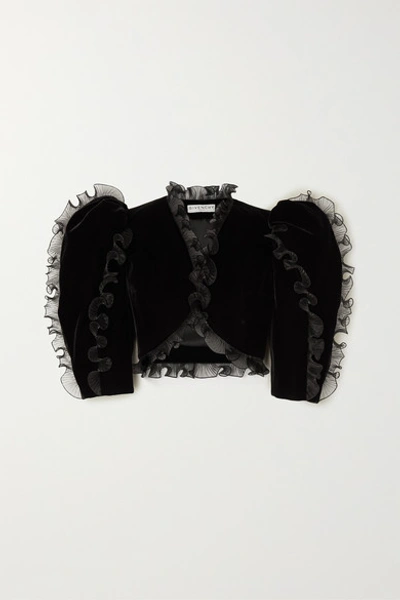 Shop Givenchy Cropped Ruffled Plissé Organza-trimmed Velvet Jacket In Black