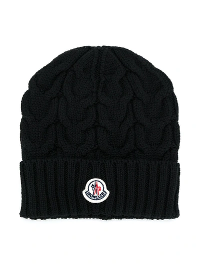Shop Moncler Cable-knit Logo Beanie In Black