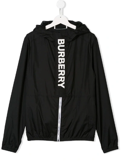Shop Burberry Teen Logo Print Lightweight Hooded Jacket In Black