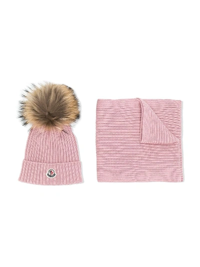 Moncler Kids' Cable Knit Hat And Scarf Set In Pink | ModeSens