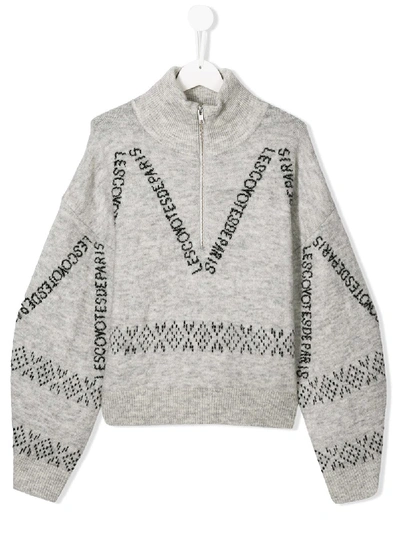Shop Les Coyotes De Paris Teen Zip-up Intarsia Knit Jumper In Grey