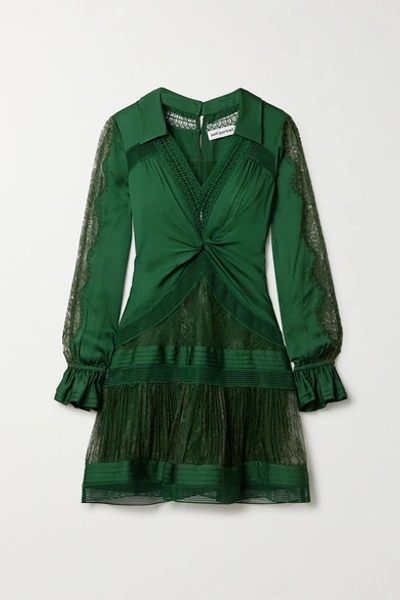 Shop Self-portrait Twist-front Paneled Satin-twill, Lace And Mesh Mini Dress In Dark Green