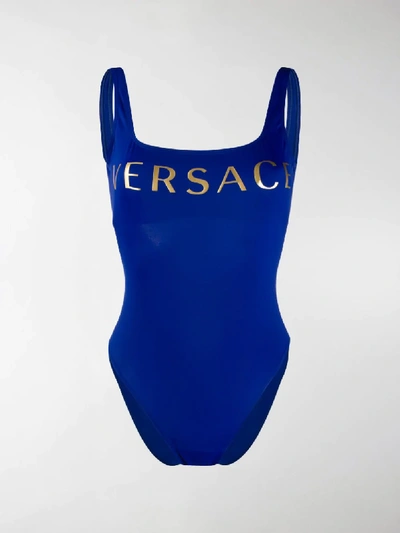 Shop Versace Logo Print Swimsuit In Blue
