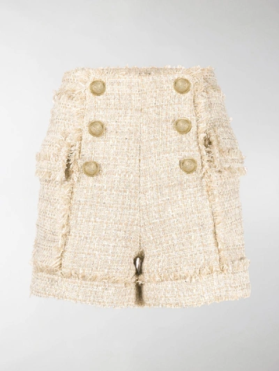 Shop Balmain Frayed Tweed Shorts In Neutrals