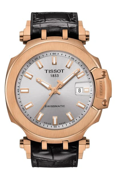 Shop Tissot T-sport Automatic Leather Strap Watch, 48mm In Black/ Silver/ Rose Gold